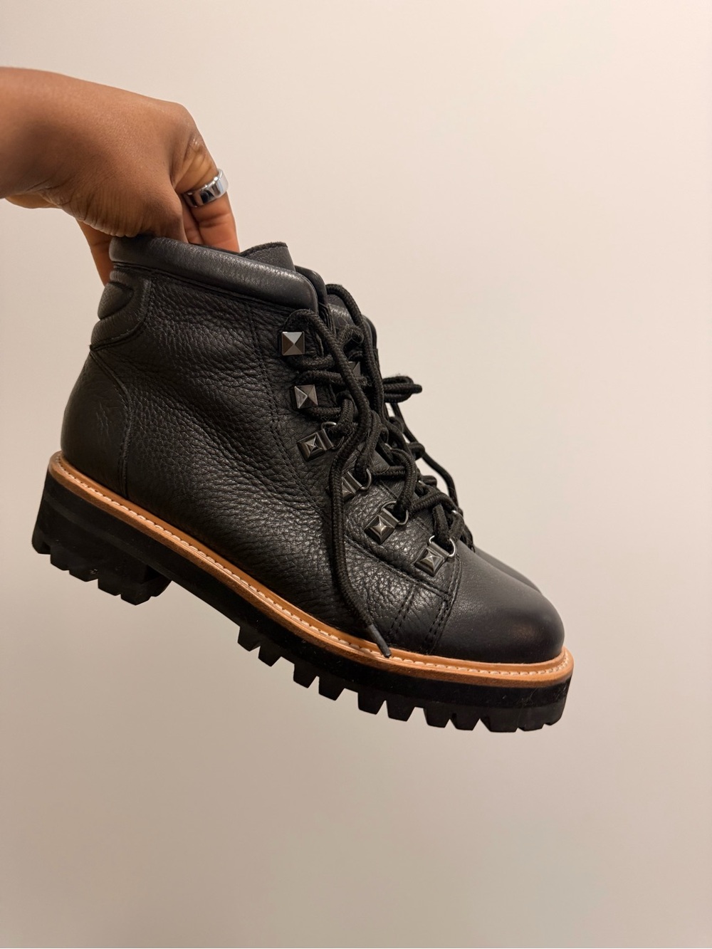 Marc Fisher Women's Black Leather Lace-Up Lug Boots with Contrast Welt